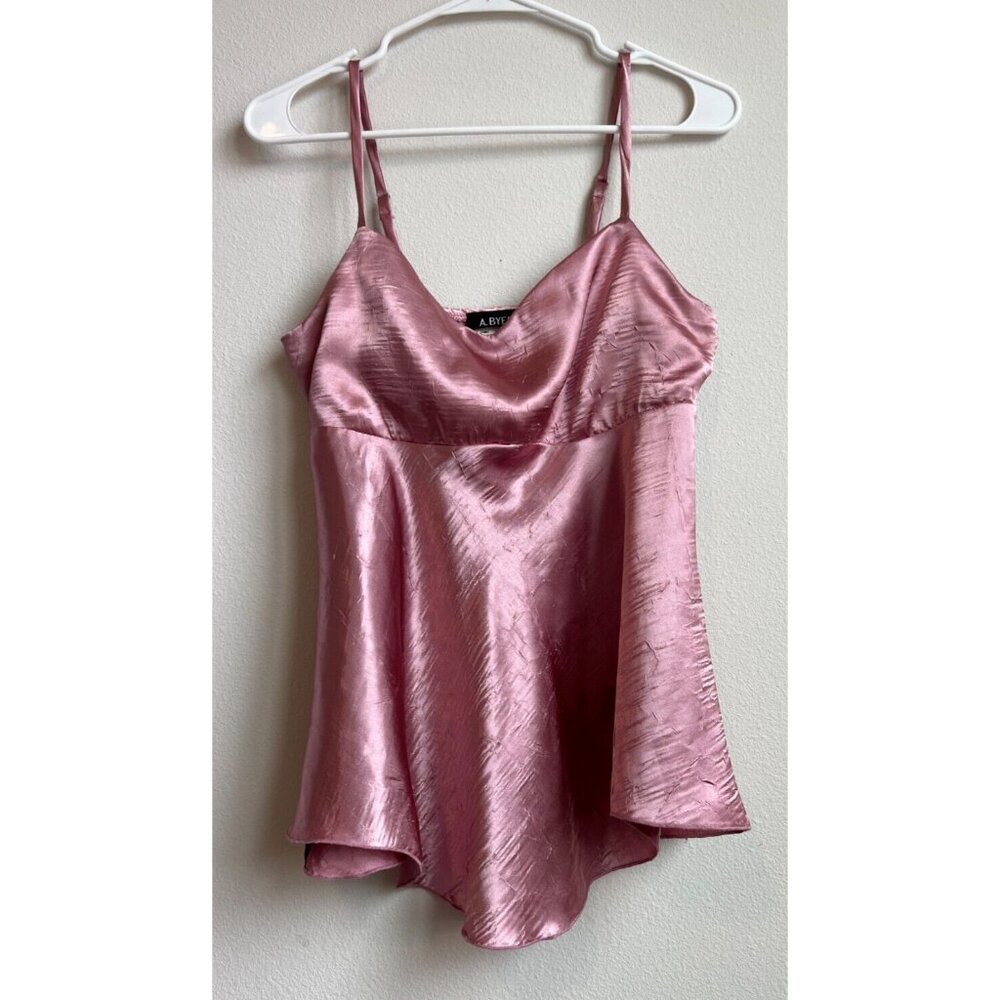 Dusty Rose Pink Crinkled Satin Spaghetti Strap M Tank Top Cami Vintage A. Byer